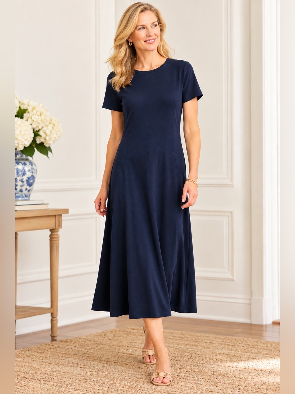 Talbots Petites Navy Blue Short Sleeve Midi Dress Size S